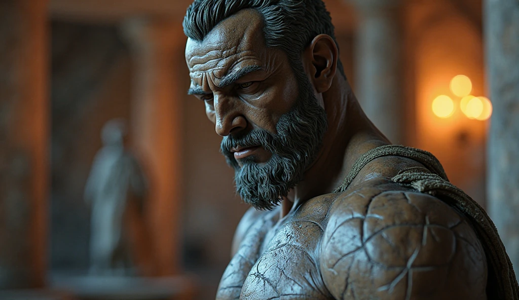 Seneca Stoic Cinematic Statue Hercules Style 4K, with muscles and dark background.