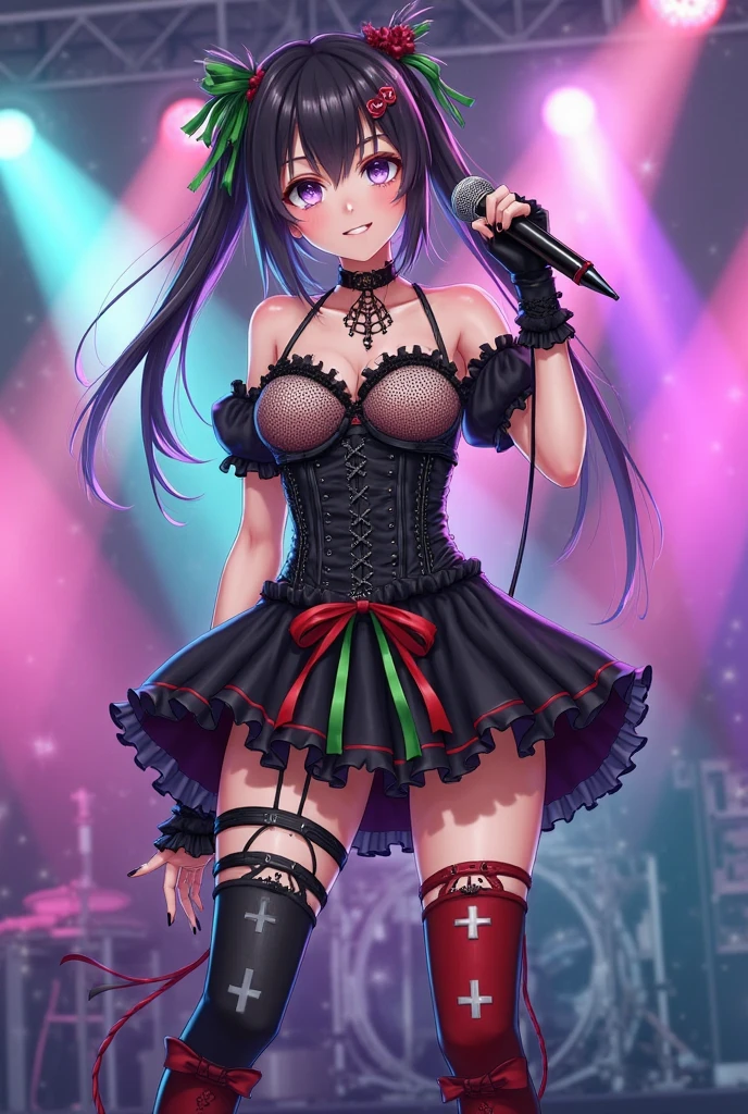 Highest quality,masterpiece,Hard rock band vocalist,Dark silver hair,Live Stage,Sexy Costumes,Almost naked,Small live music venue