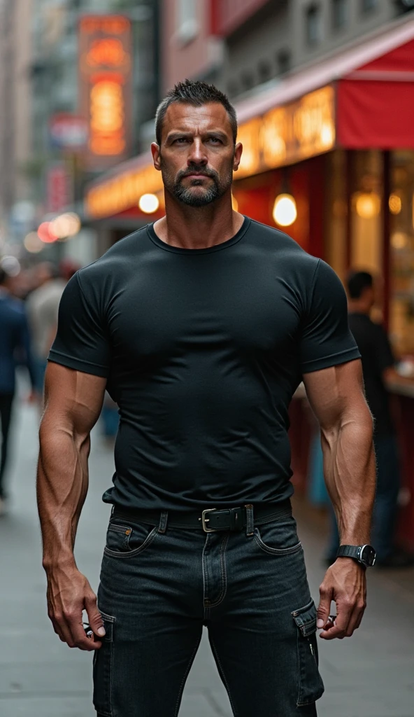 A man with blue eyes and a small beard and dark hair in a black shirt