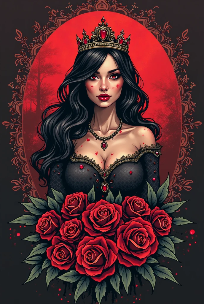 a t-shirt design, a vampire woman in a black dress and red flowers, gothic art, beautiful and scary gothic maiden, dark fantasy style art, vampire, gothic fantasy art, dark fantasy portrait, white background.no shadows. vector, t-shirt design.