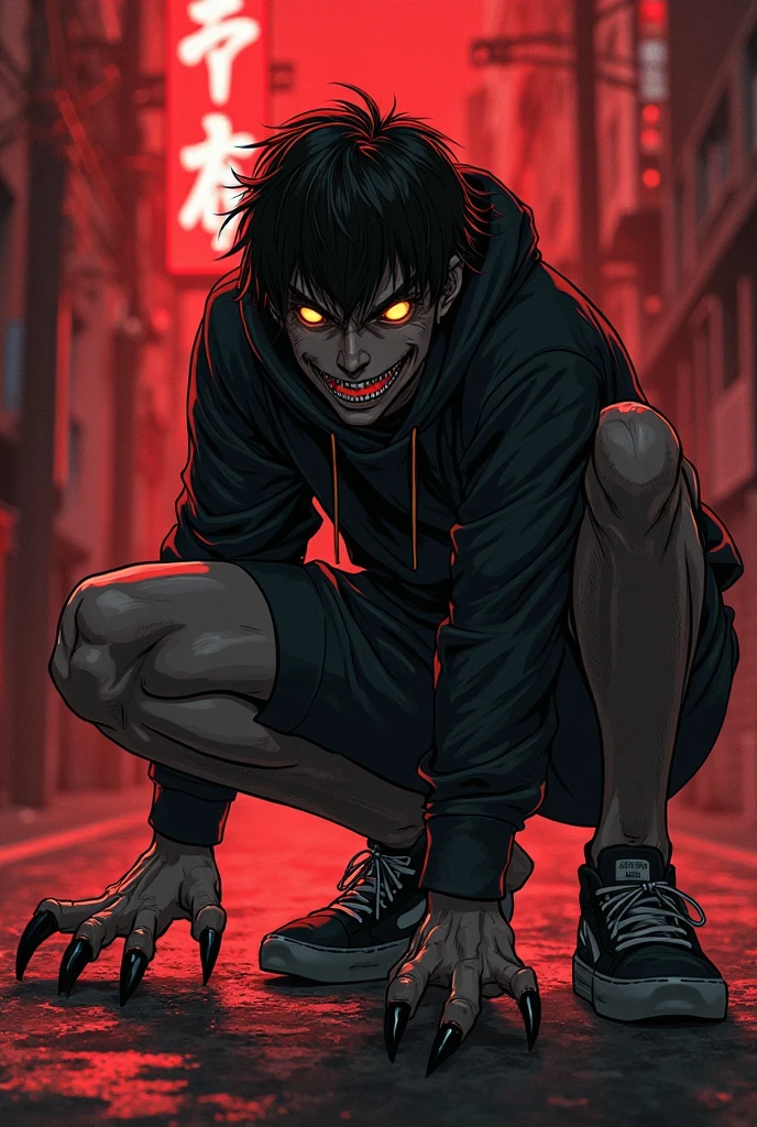 L is bowed on his knees, with the characteristic peculiar posture and hands holding the knees. Your expression should be one of surprise and tension, looking at Ryuk with wide eyes and an expression of worry or fear.
Appearance: L must be wearing his usual clothes – a white t-shirt and jeans – and with his dark hair, cluttered.
Atmosphere and Lighting:

