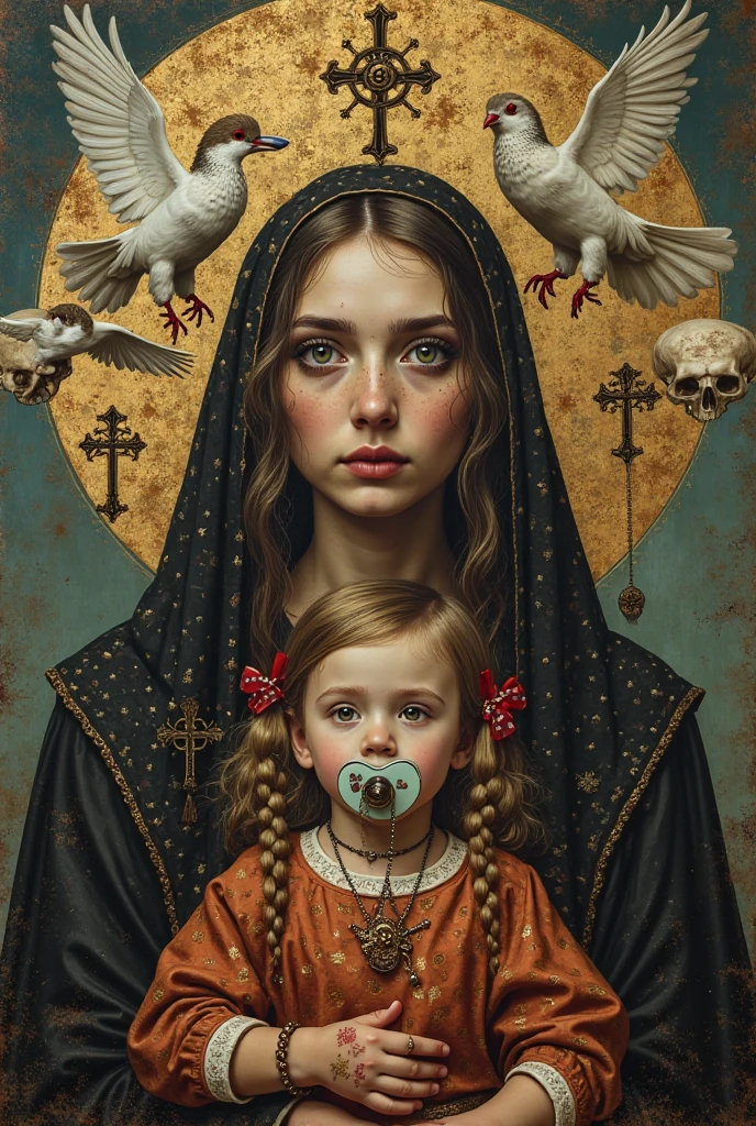 GOTHIC CHILDREN WITH MANY CROSSES, CROSSES, CROSSING, PORTRAIT.