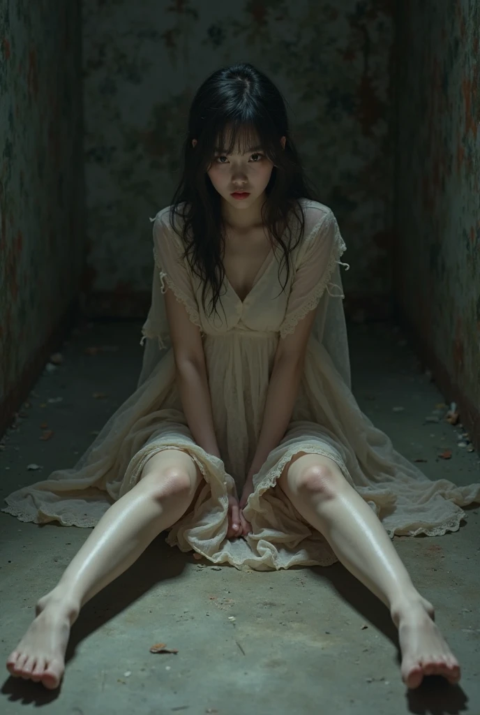 Sitting in the middle of an abandoned 3D rendered men's toilet，Devastated，Broken doors and windows，The ground is a mess，junk，junk，junk，Transparent Hanfu，Cloudy white liquid covering，facing at camera，Exquisite and perfect facial features，Long eyelashes，The eyes are sweet and there are lying silkworms，Delicate and perfect human body structure，s the perfect face，Extreme picture quality，Highest accuracy，Barefoot，Spread your legs，junk，Greasy，Sweat Wet，grimy，standing water，BDSM