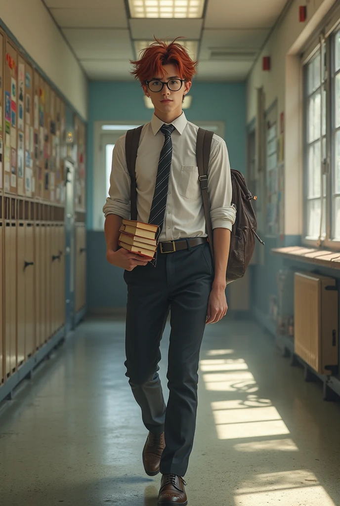 Intelligent 10-year-old boy, bald, alone, in the library, in a yellow blouse. --auto