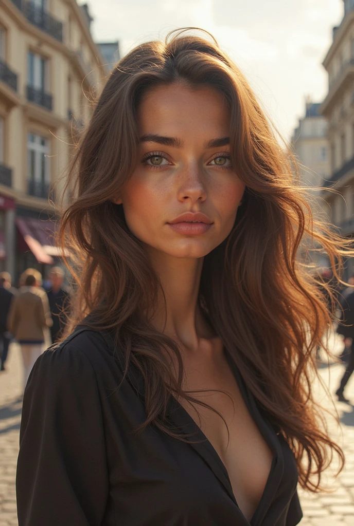 Latin and Swedish woman, Sexy girl with blue eyes, Ultra Realist, meticulously detailed, Retrato Sophie Mudd, brown hair and large eyes, selfie of a young woman, london background, Black Suite, with make-up, Make-up natural, looking directly at the camera , guy with artgram, subtle makeup, Great full body street shot, in london, medium to large bust, in a sexy dress, standing in London park