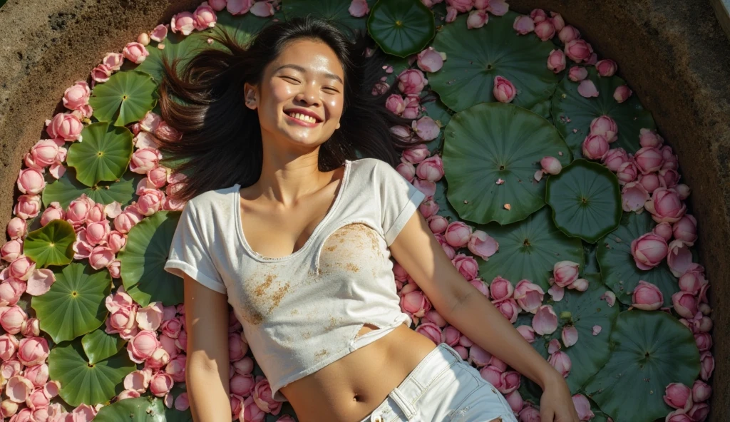 pretty javanese woman, pink-blue long hair style,cry while smile, furrowed eyebrows, closing eyes, face facing upwards. wear a transparent tank top, transparent skirt. captured from above high angle. (lying in a pile of green grass and colorful little flowers), a man hands holding her chest , text on grass name "CAYANG", beside on Lush Trees, natural backdrop heaven landscape