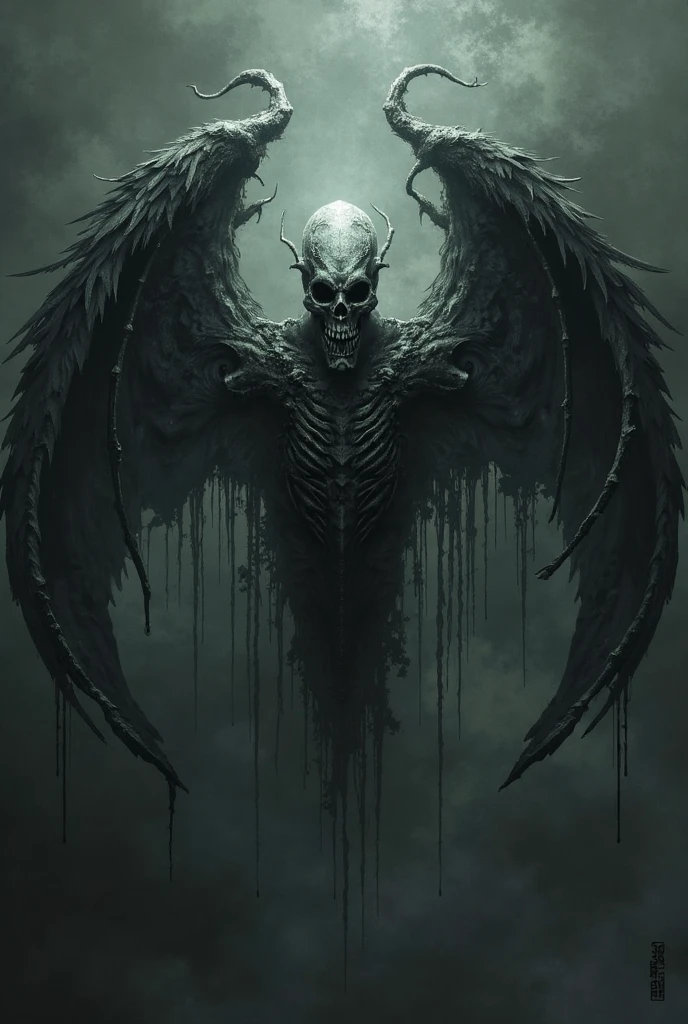 bs, solo, simple background, monochrome, upper body, greyscale, bodysuit, black background, 1other, monster, arms at sides, horror (theme) there is a large-breasted woman in the picture with her arms torn off and her face bleeding, ravens flying in the background
