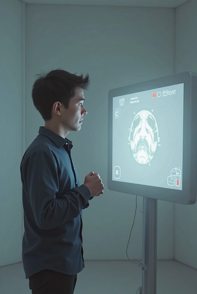 A beautiful young man, a cute male twink, with black hair and a face with reddish make-up, wearing a bright white long-sleeved shirt and tight aqua blue pants. He is in his office, and behind him is a blackboard on which is written the shape of the brain and its anatomy, and nuclear energy comes out of it.