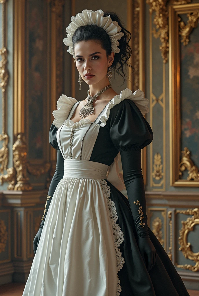 Create a mature woman in the Victorian era with black hair, far away, black eyes , Victorian era white dress
