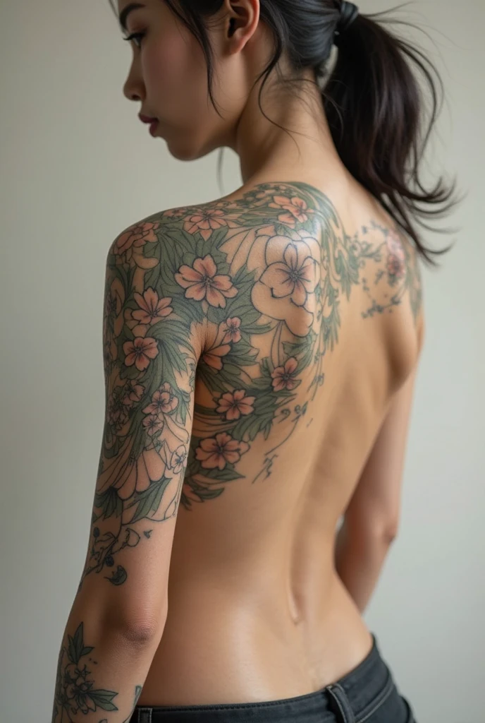 A bare woman back, floral tattoos on back