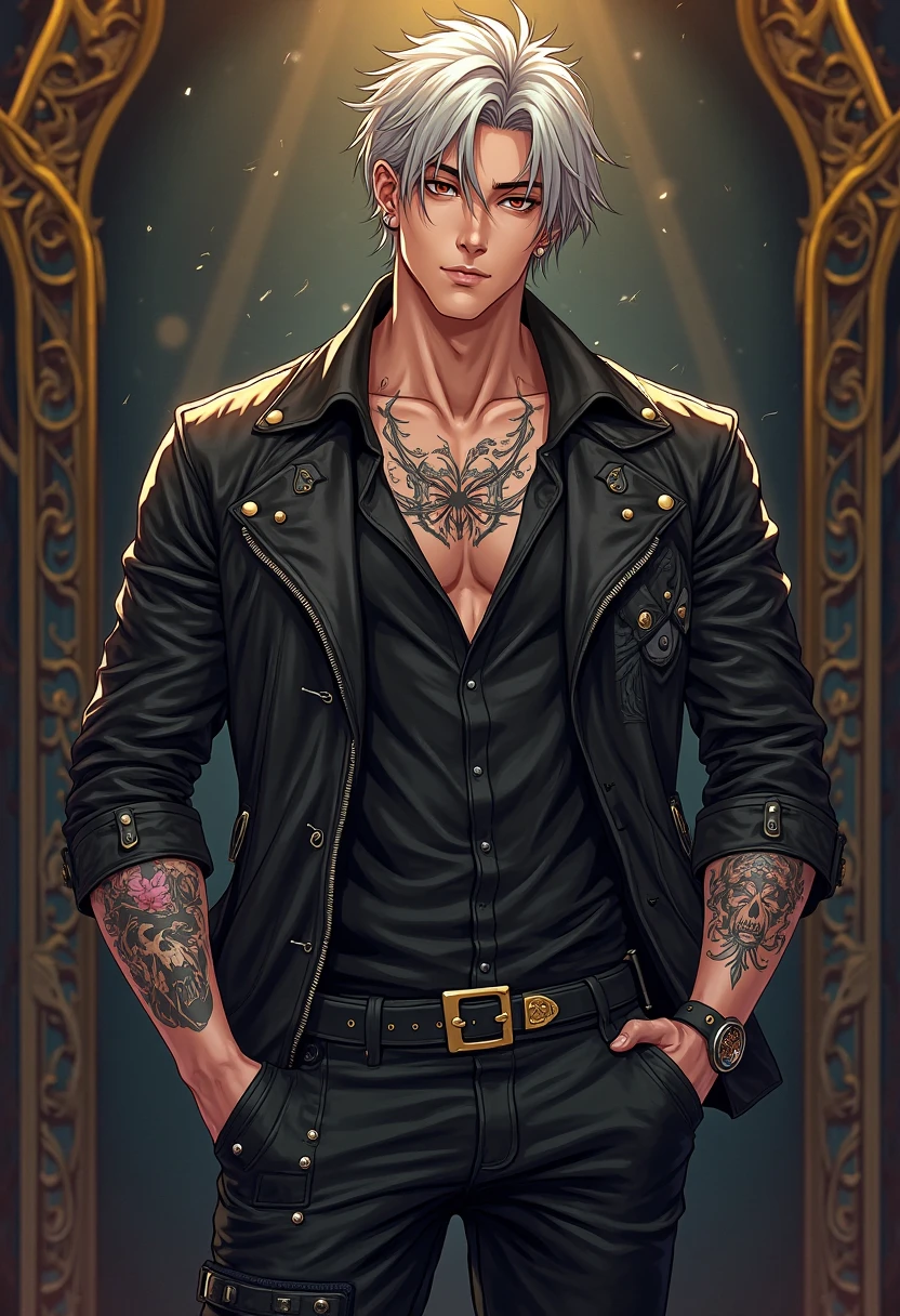 A young man with short gray hair, completely white skin, pale skin, resolute eyes, handsome face, serious expression, a metal collar around his neck, his upper body is bare, a slender yet muscular build, a purple demon tattoo is on his left shoulder, a black and white belt, cloth trousers, emitting a purple aura, he stands in a mining valley, the ground around him glowing red and cracking open, this character embodies a finely crafted fantasy-style slave warrior in anime style, exquisite and mature manga art style, dramatic, high definition, best quality, highres, ultra-detailed, ultra-fine painting, extremely delicate, professional, perfect body proportions, golden ratio, anatomically correct, symmetrical face, extremely detailed eyes and face, high quality eyes, creativity, RAW photo, UHD, 32k, Natural light, cinematic lighting, masterpiece-anatomy-perfect, masterpiece:1.5