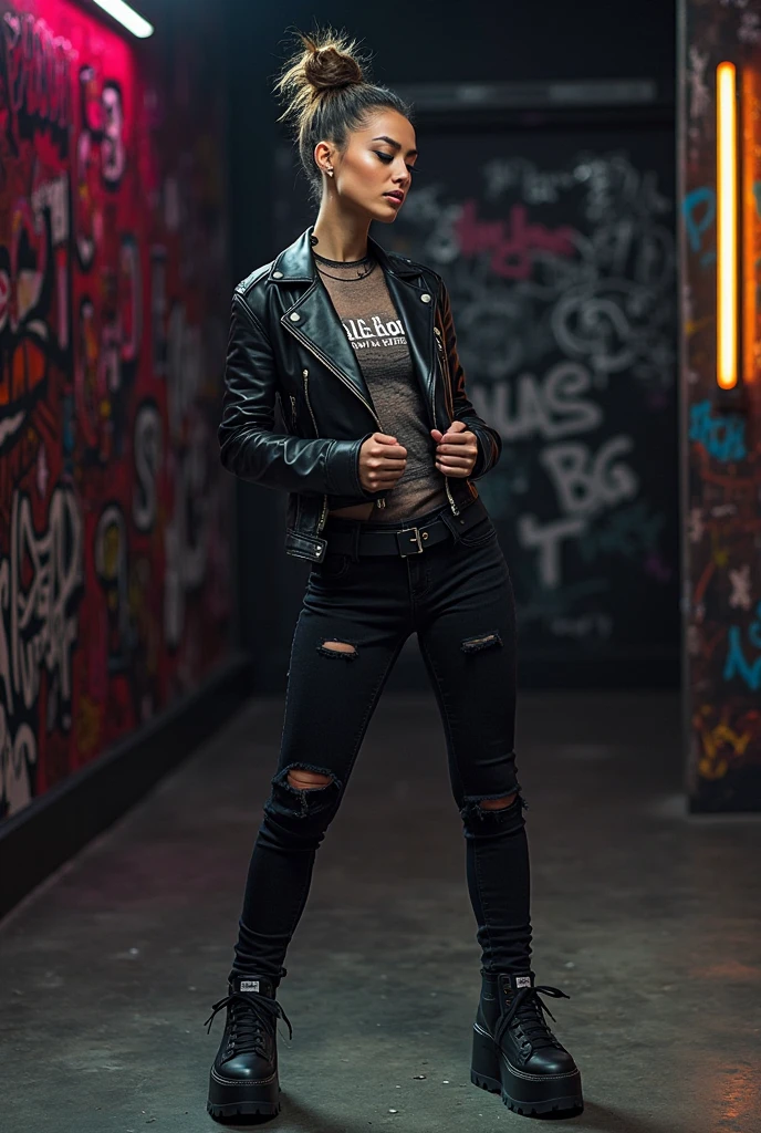 Old russian milf, platinum blonde hair in pompadour style with shaved sides, with very light blue eyes, pale, lots of eye shadows. Wearing black moto jacket, cropped rock t-shirt, low rise black leather jeans and white tennis sneakers. Studded belt, lots of rings and studded bracelets, Very scared, trying to hide