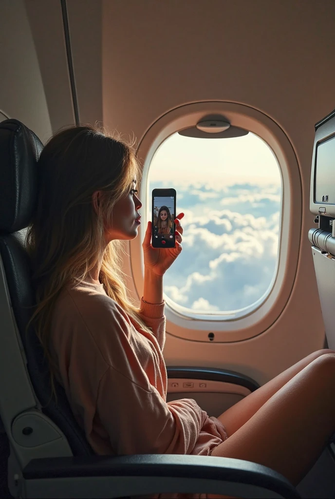 "A Stunning Cinematic Photo Of An Eastern Woman Taking A Selfie While Seated By The Window Of An Airplane. She Is Dressed In Elegant Attire And Accessorized With A Designer Vorm "Dubai" Bag. The Vibrant Colors Of Her Outfit Pop Against The Blue Sky Outside The Window. The Background Reveals Other Passengers And The Spacious Interior Of The Airplane,"