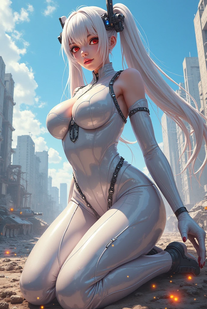 （masterpaintings、need、Ultra-delicate、high resolucion），(((She has long silver hair，A meticulous face，Nice face，The face of a human woman：1.6)))，(((Female giant)))，(The body is made of silver，The arms present a streamlined design，Looks tall and thin，The overall shape is streamlined and modern)，(standing pose)，pose for photos，high-angle，nigth，city ruins，background detail，（（（body complet））），From above，独奏，(((solo dance)))，(((Huge feeling)))