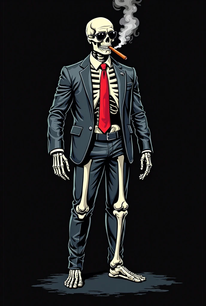 Drawing in white and black background of skeleton with suit and muscled ( minimalist design) smoking a cigar 