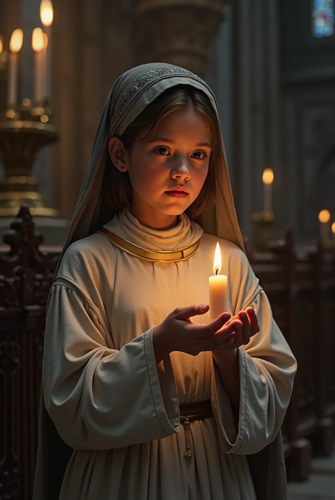 absurderes, 8k, 4K, work of art, hyper extreme detailed: 1 girl, facing forward, with your back to the altar, face perfect, eyes locked, standing, hair stuck, bun in her hair, hair net, eyes locked, red tunic, white surplice, long sleeves, fazendo penitential act de culpa, closed hand, Closed right hand, closed hitting the chest, child, Catholic Church, religious, Godlike, face forward, tilt your head, roupa coroinha red tunic, white surplice, right hand hitting the chest, penitential act. Left hand stretched down,