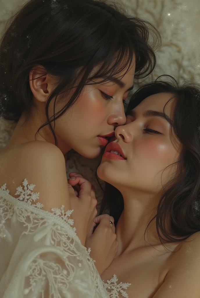 Young boy and woman passionately making out, kissing, lips touching, hugging tight, both blushing intensely, eyes closed, in bed, night time, candles lit