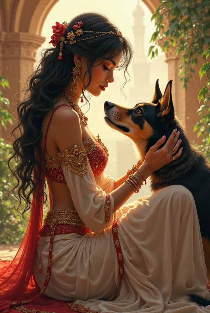 Indian princess show stomach long legs wear jewellers dress type bikini with dogs in garden