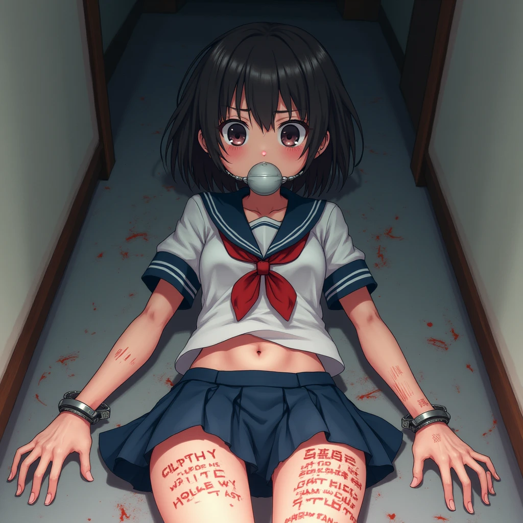 ((masterpiece,Highest quality:1.3,best quality illustration)),cowboy shot,独奏,1woman,18 year old beauty、black hair,short bob hair,bangs,black eyes,(gorgeous big eyes),((very small head:1.3)),crying,tears,((very long body:1.3,skinny)),((tan skin:1.4,Injury:1.4)),medium breasts,naked,nipples、navel,vagina,gleaming skin,oily skin,slender body,sweat,kneeling,arms behind back,spread legs,floor、classroom、School、Tokyo、BDSM,nsfw,