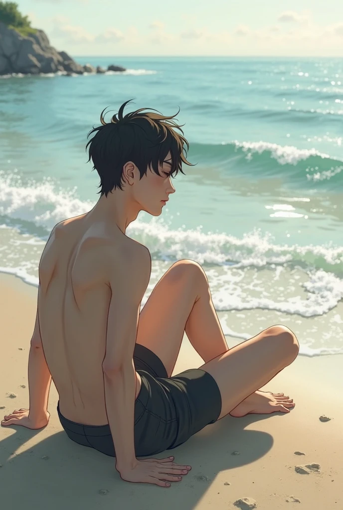 Beste-Qualit, master piece, ultra highres, detailed background, Realstic, solo, young guy, 22 years,  slender body, immature, immature male, costs, задумчиво смотрит на sand в свохи руках,  ash hair, Shore, night, Moonlight, desert, sand