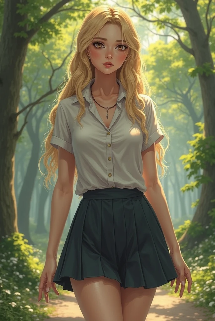 Create Princess Zelda, black blouse, white shorts, with a forest in the background,
good lighting.