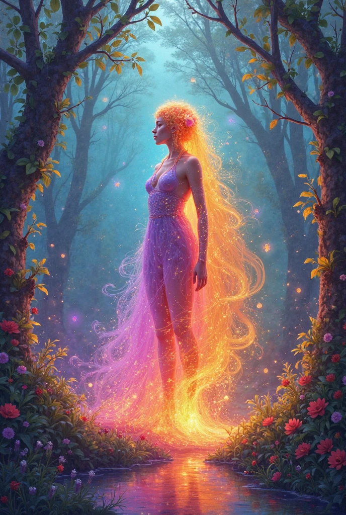 (best quality,4k,8k,highres,masterpiece:1.2),ultra-detailed,(realistic,photorealistic,photo-realistic:1.37),female with glowing purple eyes,blonde hair,witch,goddess,casting glowing spells,in mystical fantasy woods,illustration,magical atmosphere,mystical creatures,rays of light,ethereal beauty,enchanting landscape,vibrant colors,surreal dreamscape,hint of fog,dark forest,enchanted trees,whispering leaves,moonlit sky,sparkling stars,casting a spell,ancient runes,flowing gown,magical wand,aura of power,divine presence,powerful and mystical,ethereal and magical,moon goddess,otherworldly energy,captivating and alluring,spellbinding and mysterious,magical ambiance,graceful and elegant,mesmerizing and enchanting