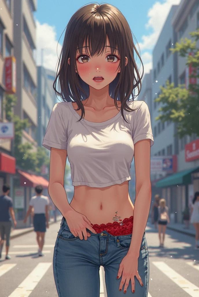 ((masterpiece,best quality anime,Highest quality:1.3)),realistic,cowboy shot,25 year old beauty,独奏,1woman,((very small head:1.3)),((very long body:1.2)),ideal ratio body proportions,tan skin,brown hair,bangs,straight long hair,gorgeous eyes,brown eyes,smile,White T-shirt、Black sports shorts,((slender body,skinny,toned body)),small breasts,gleaming skin,、on street,Shibuya Station、、