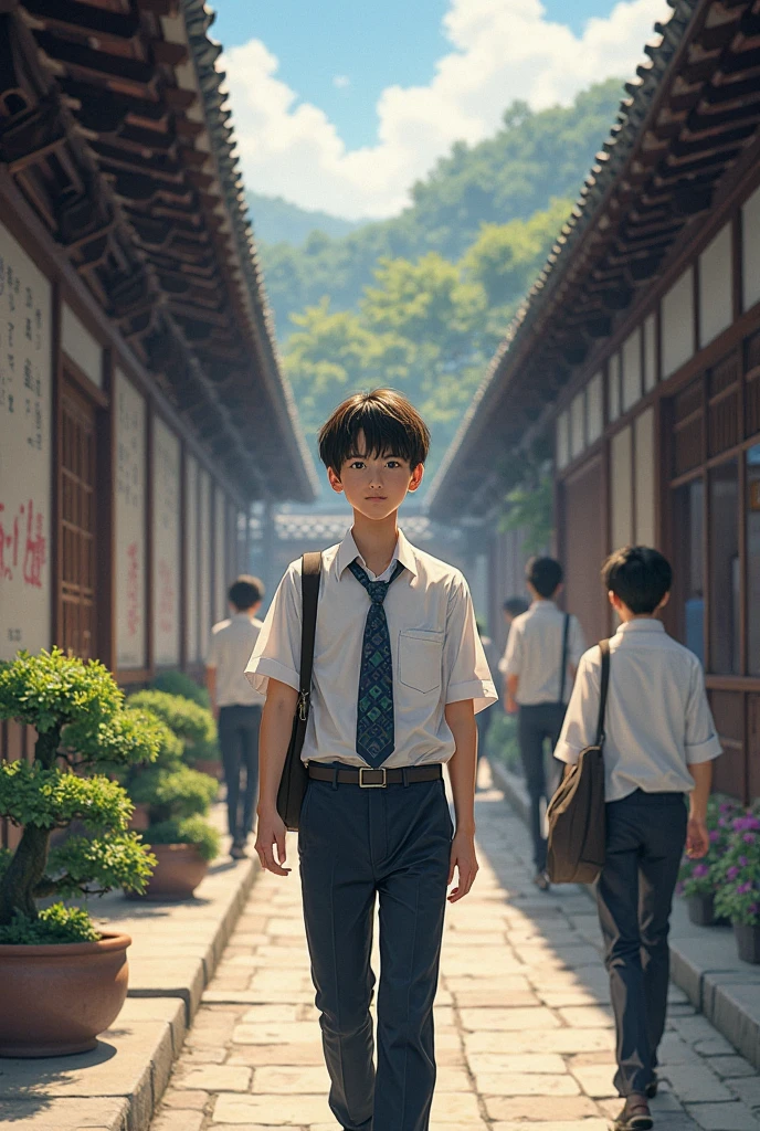 校服, red neckchief, Libido boy, Listen calmly and attentively in the classroom。