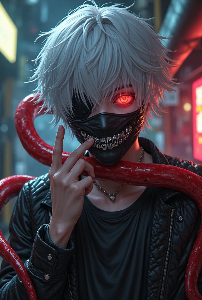 8k, 3D anime, portrait, best quality, ultra high res, ultra detailed, high contrast color tone, extremely detailed lighting, soft lights, (masterpiece, high quality:1.4), (kaneki ken, white hair, red and black eye, mask | teeth, blood eyes, black jacket, scorpio tentacles), blood, ((full body)), (dynamic pose), ruined city background, thrilling, (fierce face), detailed skin tone.