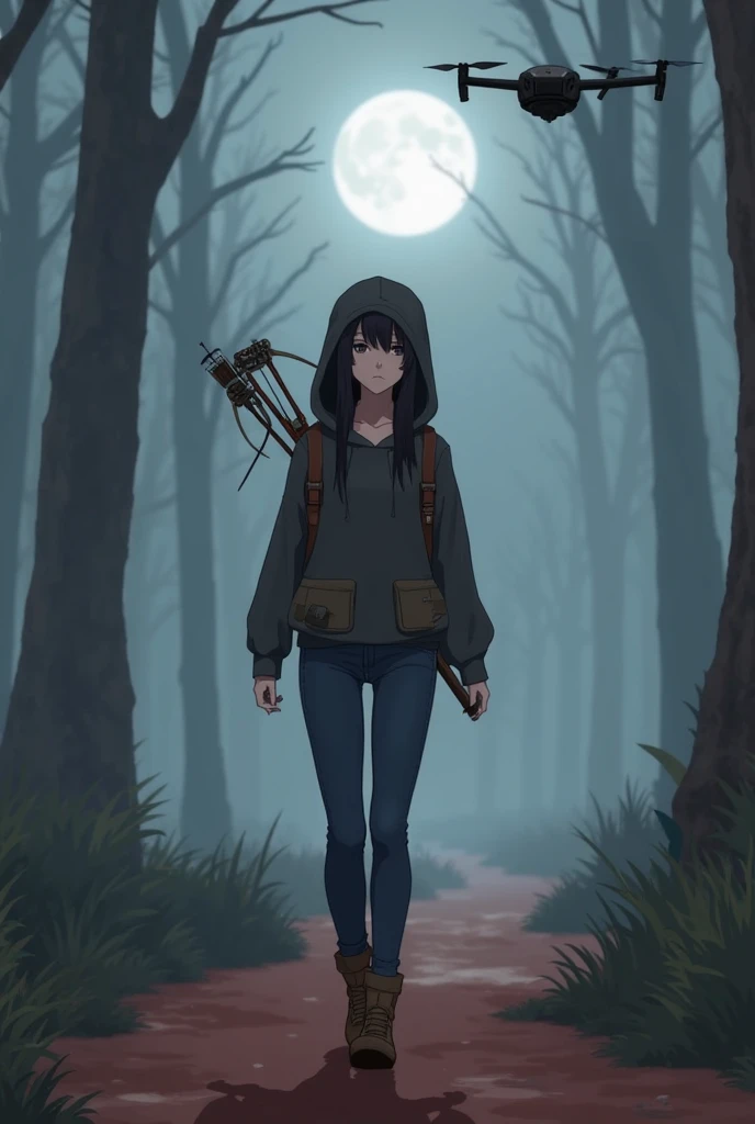 (masterpiece:1.2, best quality), (highly detailed:1.3), 1girl, 17yo girl, (white panties), (red hoodie), backpack, walk in the forest, from behind, dark forest, dark, night, dark theme