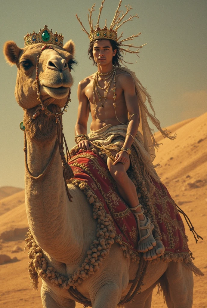 A handsome slim shirtless white skinned man in the desert with a falcon and two leopards beside him