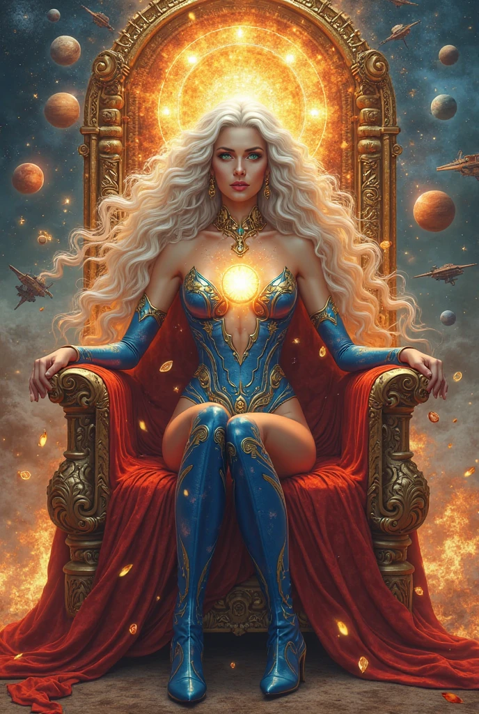 (Hyper Realistic, best quality),8k,(realistic, photo-realistic:1.3), Masterpiece,ultra high res, Stunning, ((Indonesian Milf Woman:1.3), (Suntan-Skin:1.3), (Athletic_Body-ABS:1.3), (fleshy luscious lips:1.3), (Sitting on a Intricate Futuristic Throne on Space Galaxy:1.3)), ((Gorgeous Long Curly Hair:1.3), (Blonde Hair:1.3)), ((Indonesian Culture:1.3)), ((Indonesian Art:1.3)), (Sexy Indonesian Jewels Underwear with Intricate Galaxy Bioluminescen Effects Long Sleeves:1.3), (high detailed skin:1.3), (Cleft_Chin:1.3), (Pubic Hair:1.3), Huge Breasts, Cleavage, (Perfect Face:1.3), (beautiful detailed eyes:1.3), naughty face, looking at viewer, Sexy, full-body, natural lighting, (Film grain, Fujifilm XT3, 8k uhd, dslr, Lens), hollywood lips, wide jaw line, wide lips, narrow beautiful nose, Cinematic, Hyper-detailed, insane details, Beautifully color graded, Unreal Engine, DOF, Super-Resolution, Megapixel, Cinematic Lightning, Anti-Aliasing, FKAA, TXAA, RTX, SSAO, Post Processing, Post Production, Tone Mapping, CGI, VFX, SFX, Insanely detailed and intricate, Hyper maximalist, Hyper realistic, Volumetric, ultra photoreal, ultra-detailed, intricate details, Super detailed, Full color, Volumetric lightning, HDR, Realistic, Unreal Engine, 16K, Sharp focus, octane render