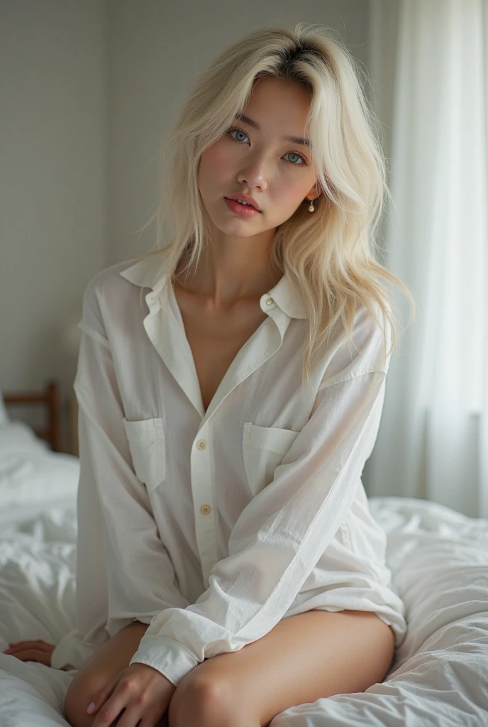 Sweet expression, kneeling, hands between legs, white glasses, white short hair, (8k, RAW photo, photorealistic:1.25) ,( lip gloss, eyelashes, glossy face, glossy skin, best quality, Super high resolution, depth of field, chromatic aberration, caustics, wide light, natural shadows), looking at viewer with serenity and goddess-like bliss, full body, natural medium breasts, white underwear, black stockings, see-through shirt, white shirt, secretary