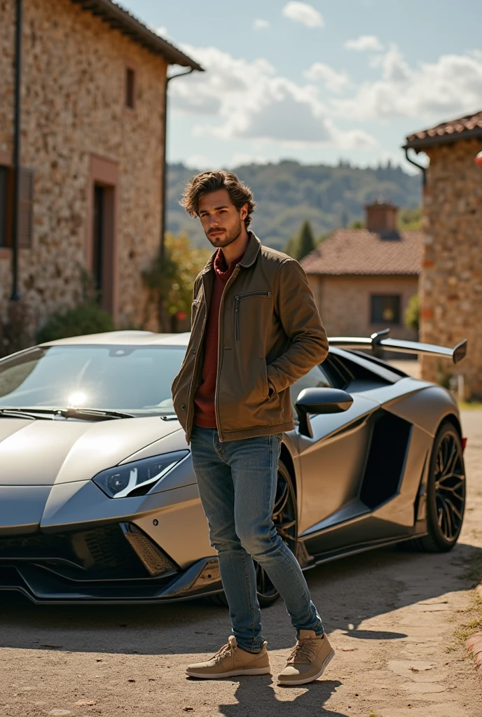 A boy there year 18 and has a Lamborghini right side look and bagraund river and natural location