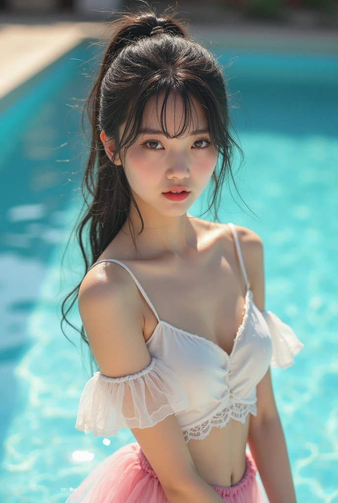 The background is the coast,Large Entrance Clouds,blue sky,Bright sunlight,Detailed face,Highest quality,一人の美しい16 years oldの少女,View your viewers, The finer details, Details face, A happy smile, Facing the viewer directly, Realistic photos, Bright lighting, Professional Lighting, 16 years old, (Brown Hair, Semi-long hair, Twin tails, Swaying in the breeze, bangs),(((High detail,High definition、masterpiece,Attention to detail))),Arab Women, My whole body is wet,Dripping,Blushing,Beautiful girl with beautiful legs,Beautiful woman Natural light、The background is the sea at sunset,Large Entrance Clouds,My whole body is wet,See-through clothing,,light blue bra and panties