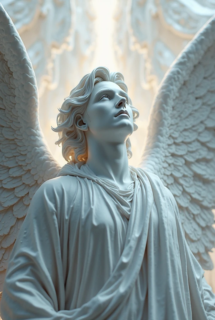 Close-up of one of the angelic figures, showing its enormous, detailed wings, each feather glowing with a light of its own. The halo around the head emits a pulsating glow, and the figure appears to have soft, almost human facial features, but with a serene and enigmatic expression. The gigantic proportion of the figure (24 meters) is evident, highlighting its imposing and almost divine presence. The intense light creates dramatic reflections and shadows on the metal of the station.