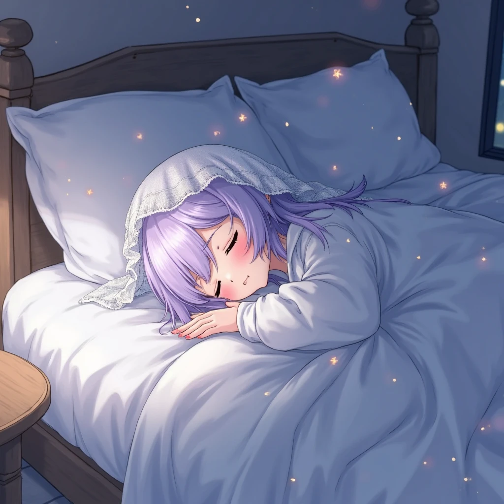 Lying on the bed)) ((Sleeping)) (Light in the moonlight, wearing cute pajamas, staring at the night sky through the window, silver hair
    girl close