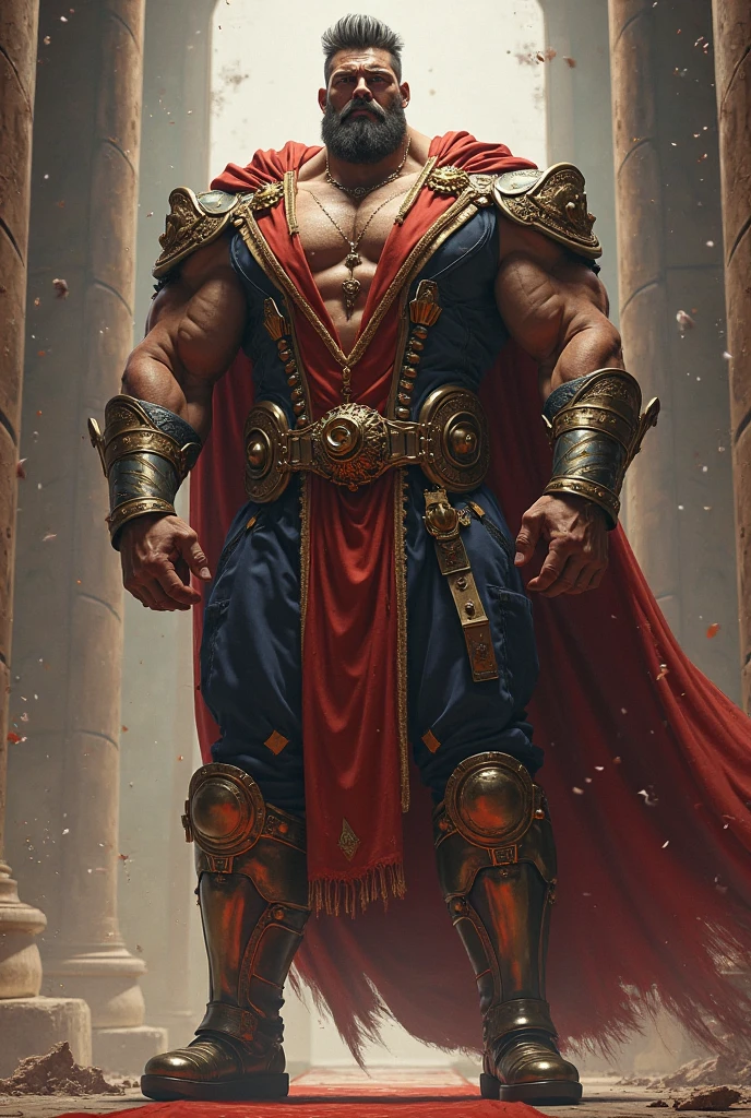 Huge muscular handsome young man in a thight royality guard uniform with oversized unhuman muscles