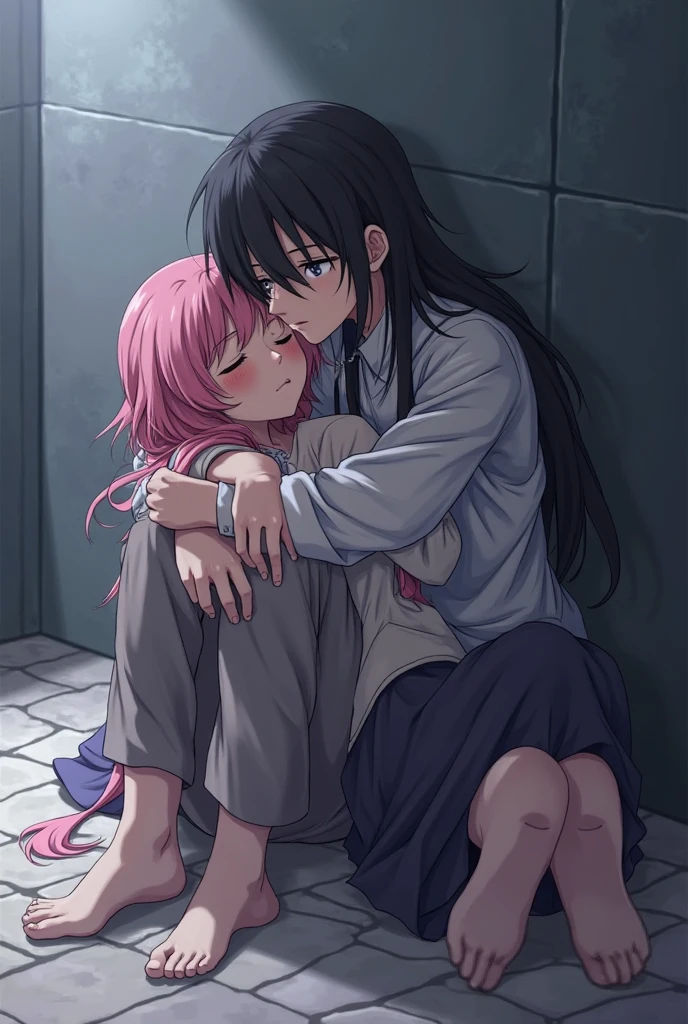 One long hair, girl in school uniform, miniskirt, pink hair, looking away, sitting, embarrassed, blushing, crying, mouth closed, classroom (girl leaking pee)