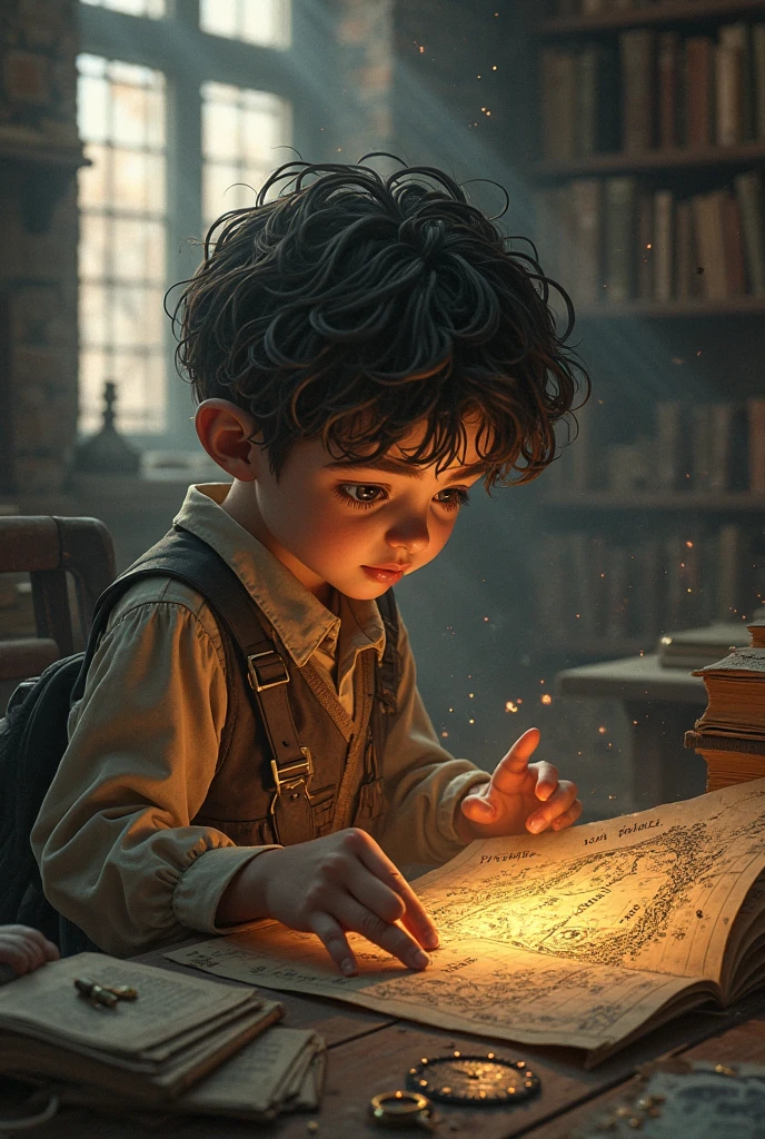 A 1 boy accidentally found an old book hidden in the attic.