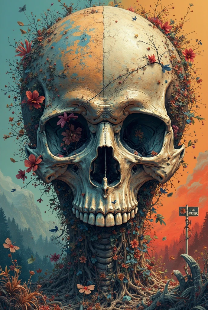 (double exposure:1.3) effect of red mushroom hemp skull and strawberry bushes, superimposed on a neon landscape, ultra detailed