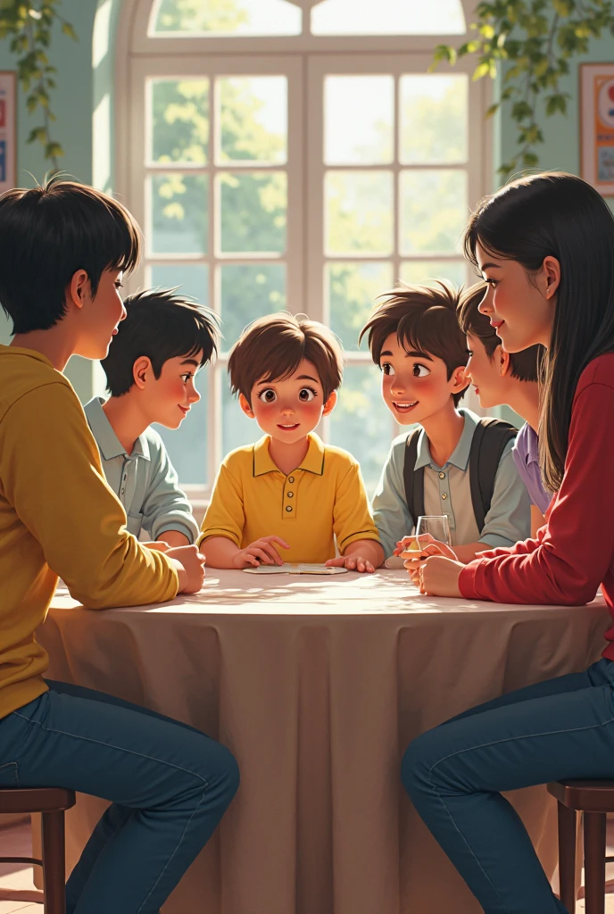 make a picture horizontally, where a  boy is seen, with brown hair. with his mother, about pope, His sister, his grandmother and his grandfather. chatting and playing a board game the image should be related to respect and good treatment