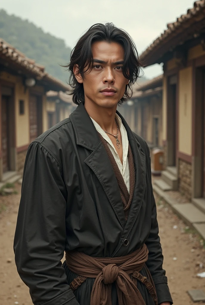 1 male character, 25 years old, vibrant green eyes, short jet black curly hair with a middle part, scar on right eye, no kimono, silver metal fans, slight profile view, highly detailed face, anime style, hyperrealistic, 8k, intricate details, dramatic lighting, vivid colors, moody atmosphere