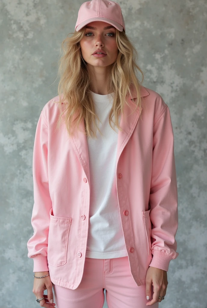 18 year old blonde girl in a pink quilted jumpsuit