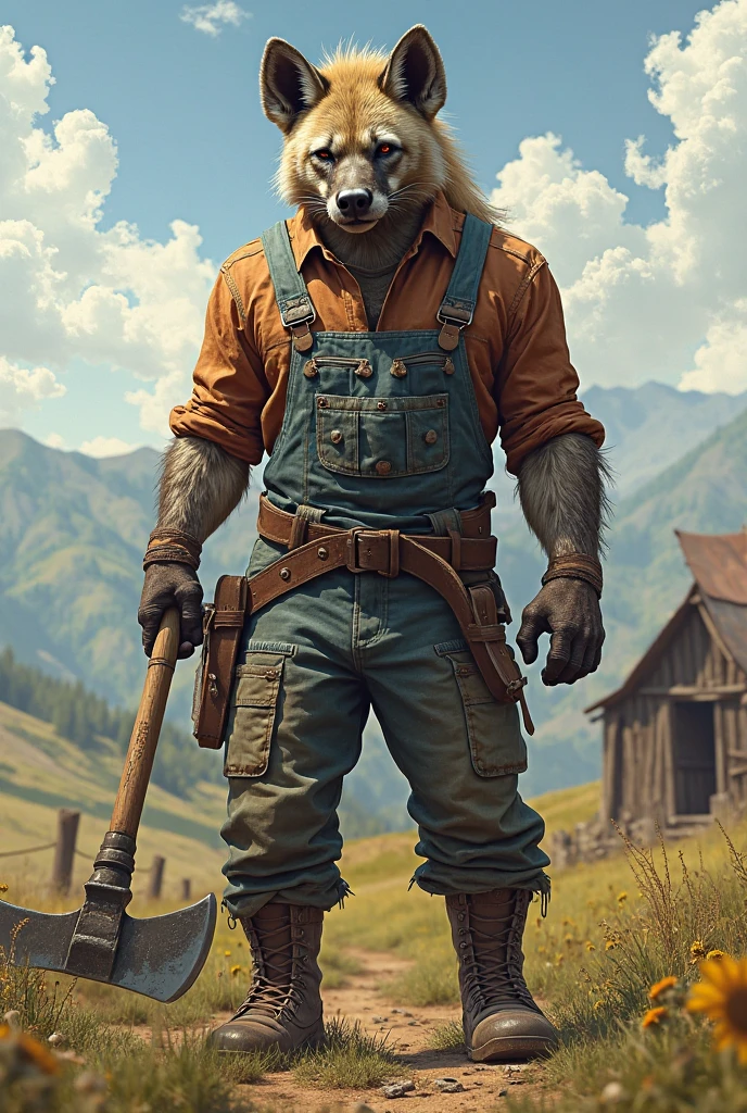 a humanoid husky, farmer, with a whip in his hand