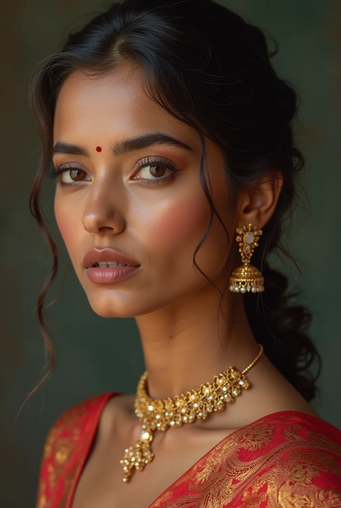  portrait of a indian woman with soft waves in her hair, wearing a deep red silk blouse. She has bold red lipstick and is adorned with layered gold necklaces, featuring a green and a black pendant. Her hand rests on her chest, displaying multiple gold rings. The background features a gradient of dark blue and purple, giving a dramatic contrast to her outfit.