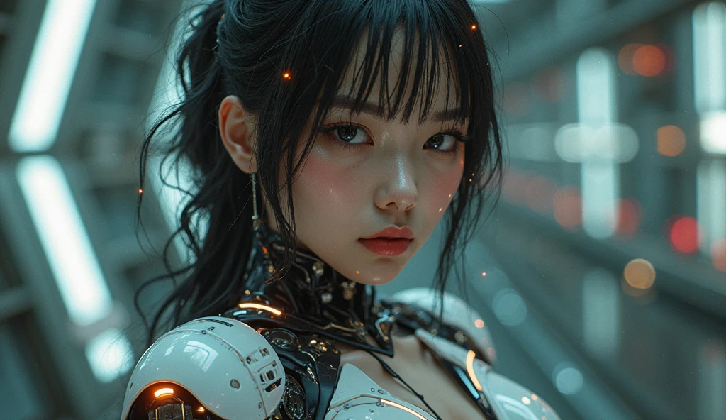 xxmixgirl. Highly detailed professional 35mm film, bokeh, face in sharp focus. A robotic female, Miku, with ((metal skin)), ((perfect Asian eyes)) with magenta irises and ((black pupils)), beautiful serious (detailed face), 18 year old ((photorealistic face)), very long magenta twin tails of magenta hair, twin black hair ties with a single red stripe. She may have a black audio headpiece. We can see her ((full body)) down to her boot soles. Her outfit is a sleeveless collared light grey shirt, outlined in red around the frilled collar and hems. Shiny reflective ((metallic breast cups, dimpleless)), invisible nipples. She wears black sleeves with red hems that start around her upper arm and bellow out as the sleeves open and extend to her wrists, with wide trumpet red rimmed cuffs. She has perfect robotic (detailed hands). She wears a red colored tie with two horizontal solid parallel black lines halfway across. She wears a fabric black skirt with a horizontal red hem at the bottom all the way around; her (((black skirt wraps around her))) and ((her skirt completely covers)) her robotic waist and thighs. Tall black boots with red bottom soles, a red rim around the top at her thighs. Her mechanical shoulder joints are visible. We can see her robotic legs and robotic neck. Half of her is covered with shiny polished machinery. The background is a distant dark neon futuristic Japanese city, gold, cyan, violet neon, near harbor or mountains.