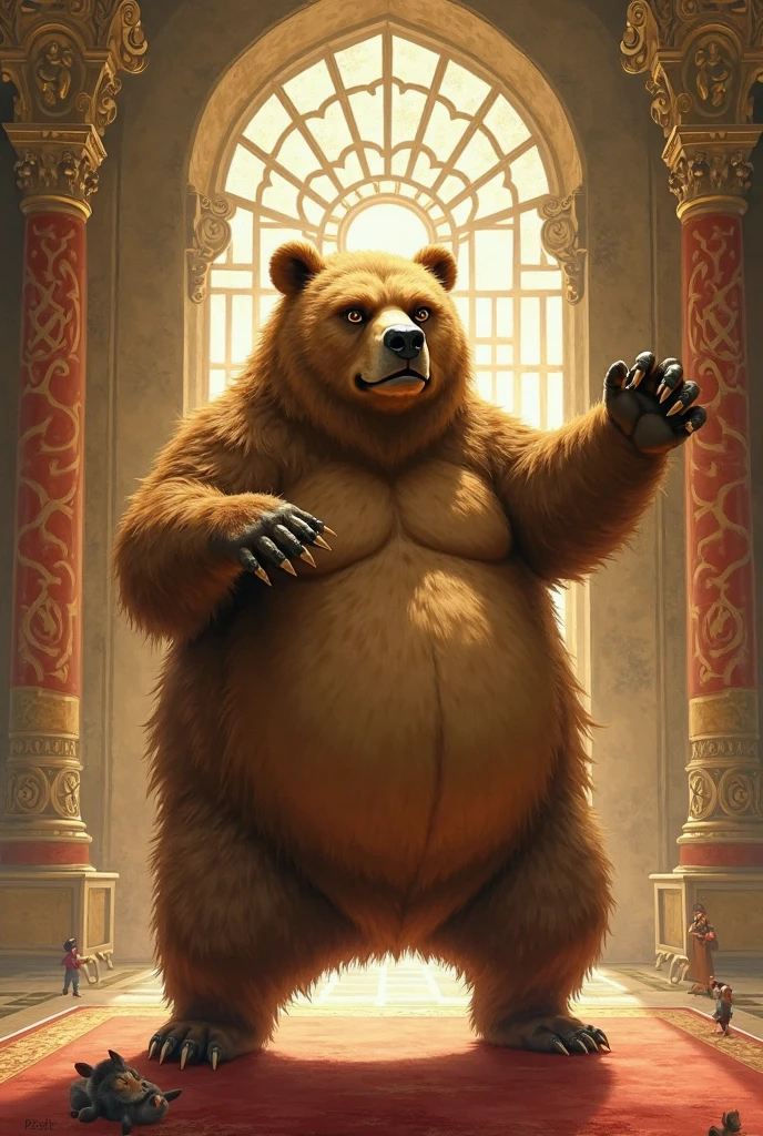 furry, fur taur, beartaur, human-like, anthro, middle-age, solo,1man, detailed face, bear ears, bear eyes(brown), bear nose(black), bear mouth, beard(grey), hair, mature hair(grey), detailed arm, thick arm, forearm hair, muscular, thick hands(5 fingers), thick claws, detailed body belly, thick body, muscle belly(white), thick chest, chest hair(white), nipples, detailed taur body, thick taur body, waist hair, thick bear paws, bear paws hair, thick bear claws, thick bear tail, full body shot, standing on the Franch's Olympia Venue
