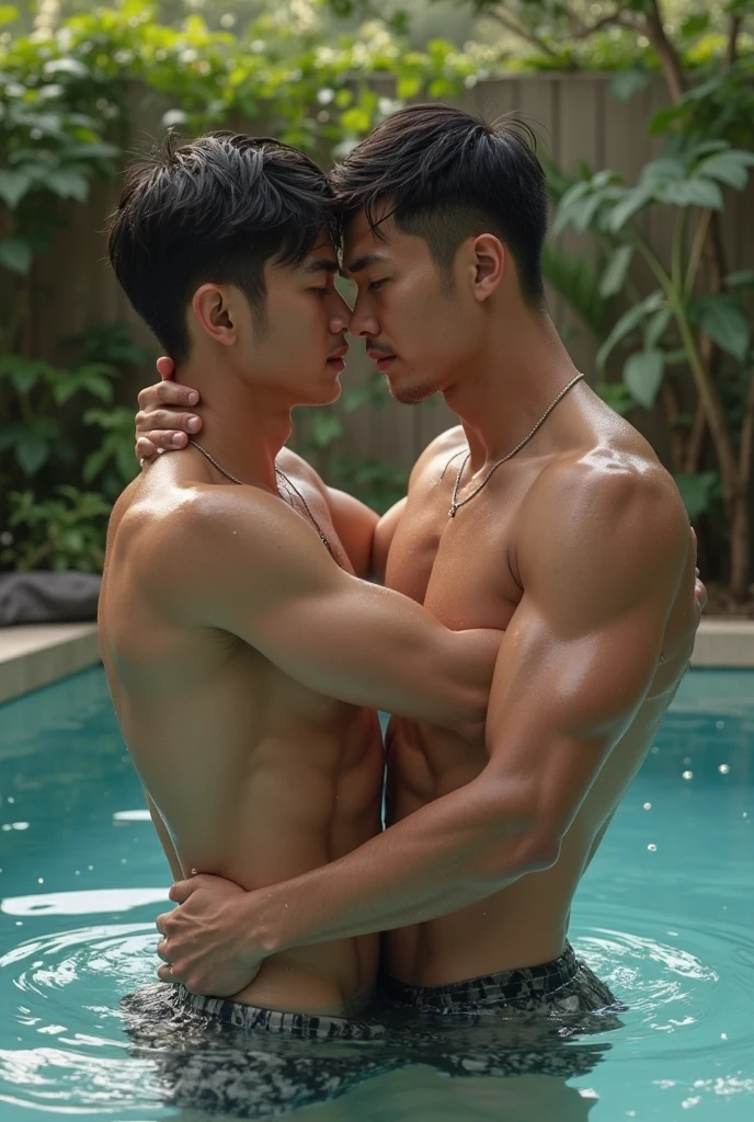 two boys, kissing, topless, white Jockstrap or thong, summer,(CGI ART:1.3),(REALISTIC:1.5), 8K, shiny skin, pool