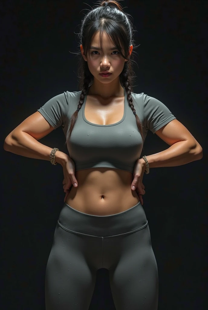 photograph of Asian girl standing with muscular man, short hair, large breast, very tall broad stomach, navel piercing, wearing sleeved collared sport t-shirt, and wearing no pants, exposing whole stomach, sweaty face and shirt, stock photography style, eyes looking at camera, intricate, photorealistic, 8k, showing whole broad stomach